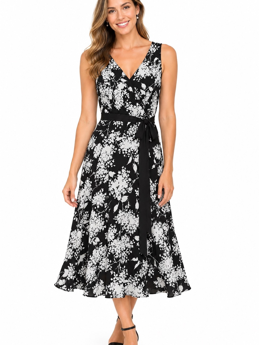 Ann Taylor Black and White Floral V-Neck Midi Dress